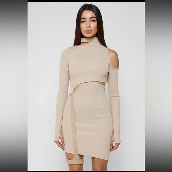 Maniere De Voir NWT Beige Cutout 2-Piece Ribbed Knit Mini Dress - Picture 1 of 8
